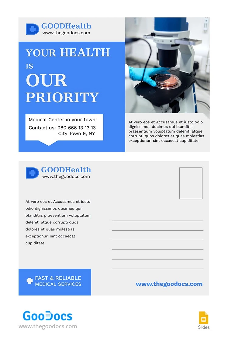Blaue medizinische Postkarte - free Google Docs Template - 10065913