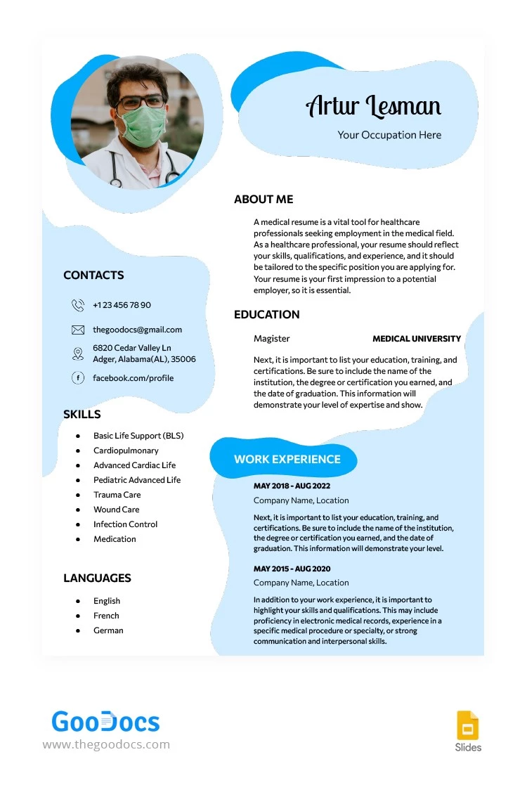 Blue Medical Profession Resume - free Google Docs Template - 10065993