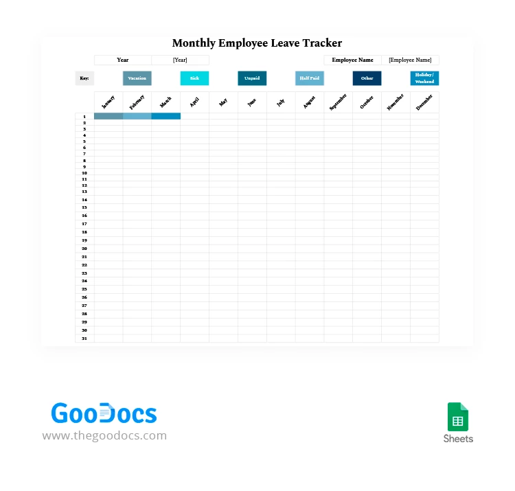 Blue Monthly Employee Leave Tracker - free Google Docs Template - 10062225