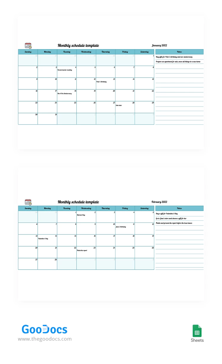 Calendrier mensuel bleu. - free Google Docs Template - 10063032