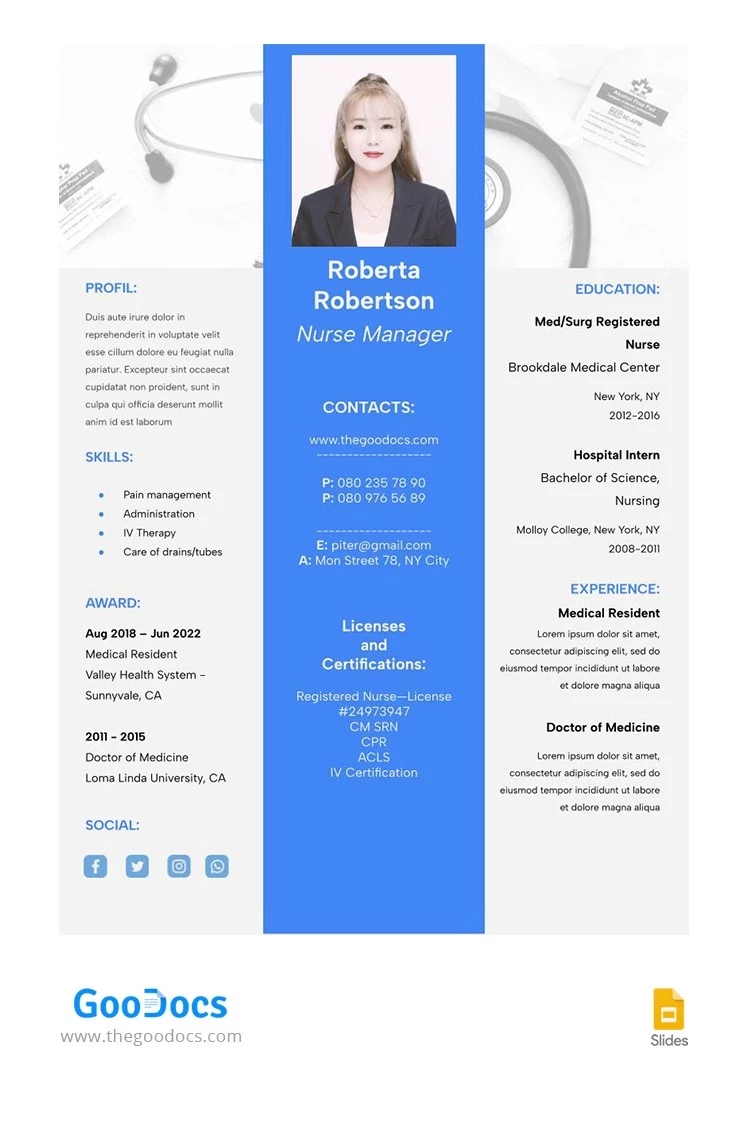 CV dell'Infermiera Manager in Blu - free Google Docs Template - 10066155