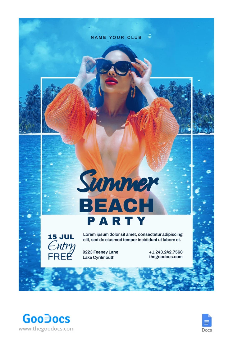 Blue Ocean Summer Beach Party Flyer: Volantino per la festa estiva sulla spiaggia dell'Oceano Blu - free Google Docs Template - 10065298