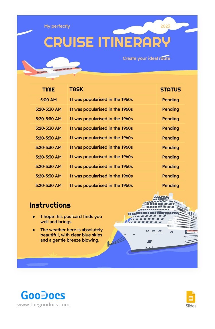 Free Blue-Orange Cruise Itinerary Template In Google Slides