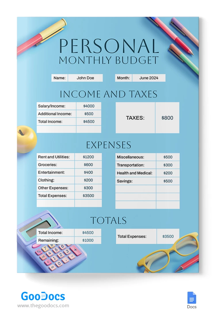 Budget personale mensile Blu - free Google Docs Template - 10067888