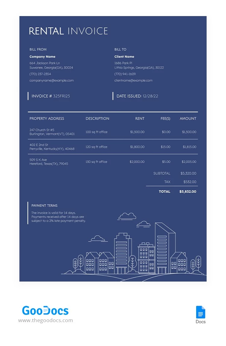 Blue Rental Invoice - free Google Docs Template - 10065195