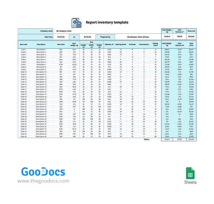 Inventaire du rapport bleu - free Google Docs Template - 10063377