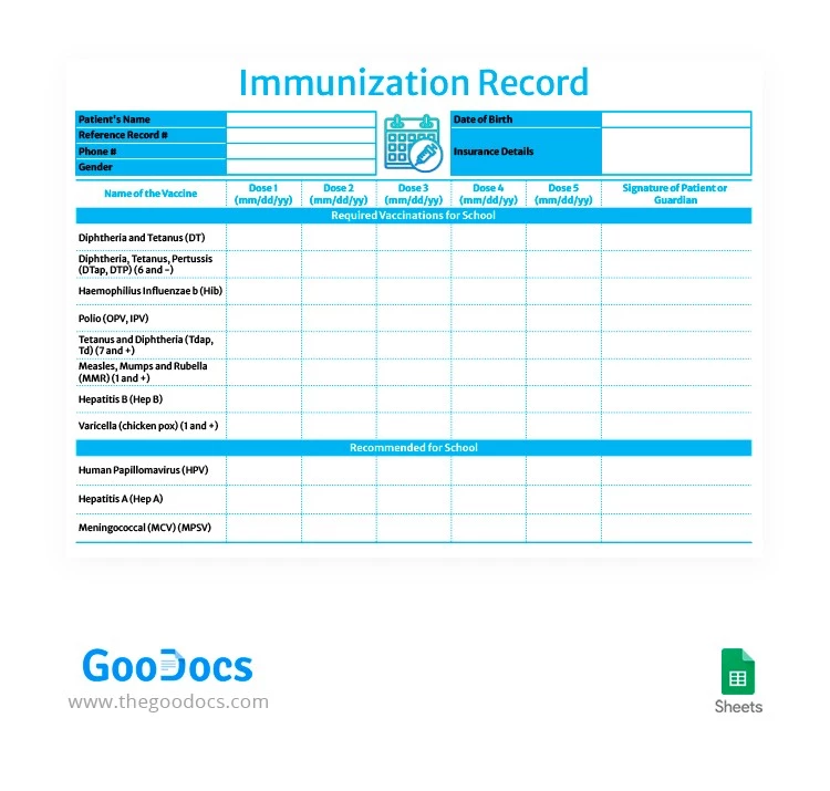 Blue School Immunization Record - free Google Docs Template - 10062676