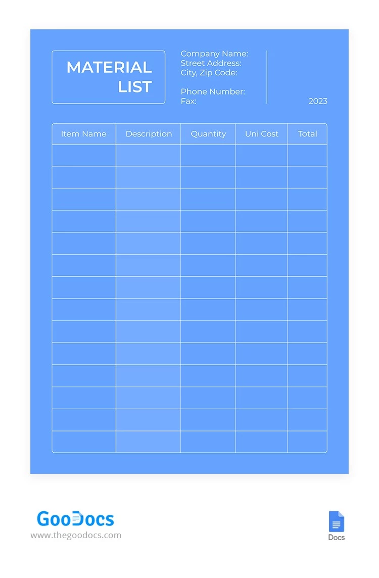 Elenco semplice dei materiali blu - free Google Docs Template - 10066126