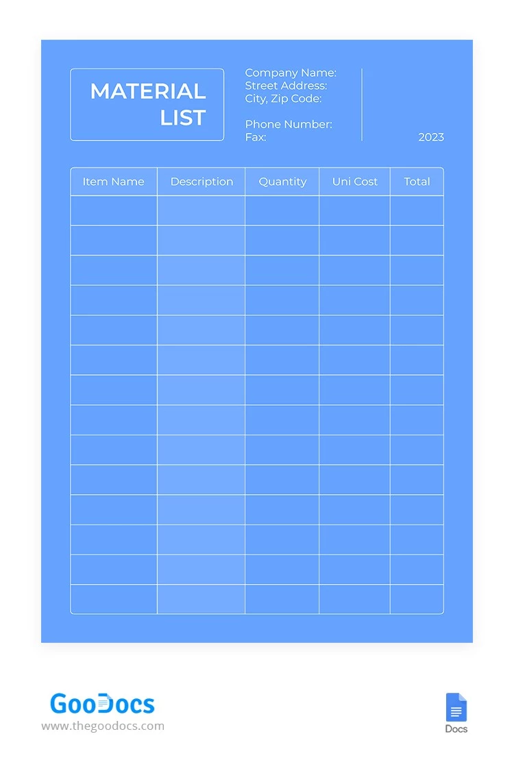 Liste de matériaux simples en bleu - free Google Docs Template - 10066126