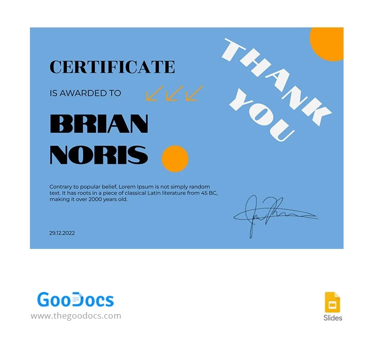 Certificado de agradecimiento en color azul. - free Google Docs Template - 10065201