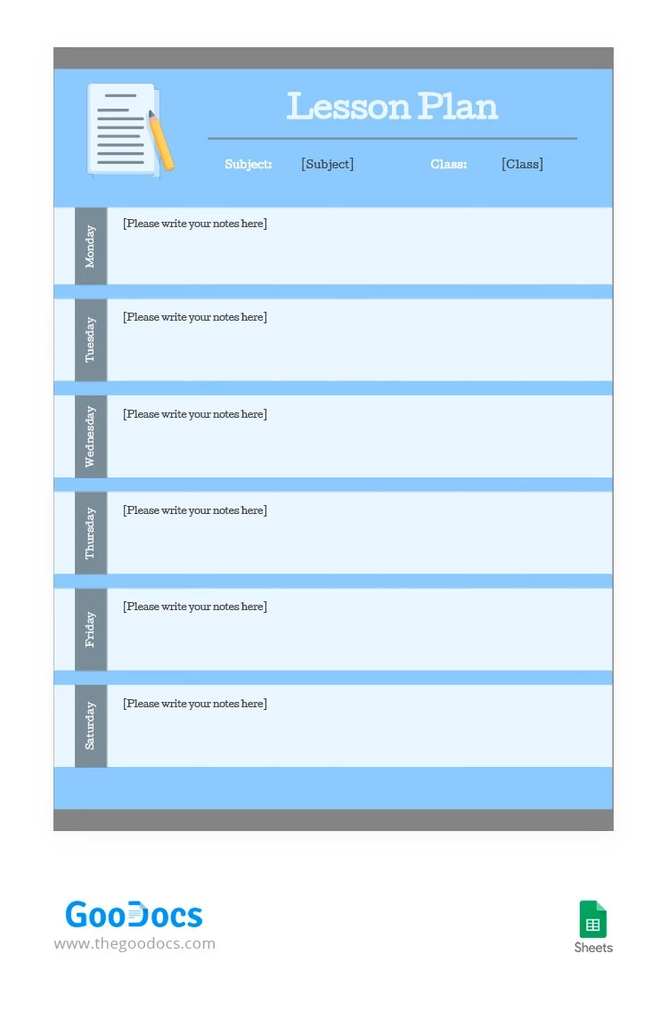 Blue Weekly Lesson Plan - free Google Docs Template - 10063315
