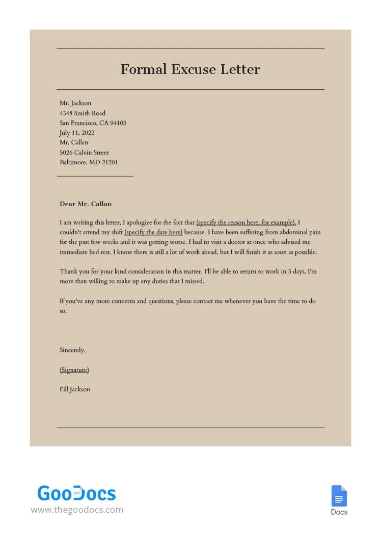 Bodily Excuse Letter for Work - free Google Docs Template - 10062754