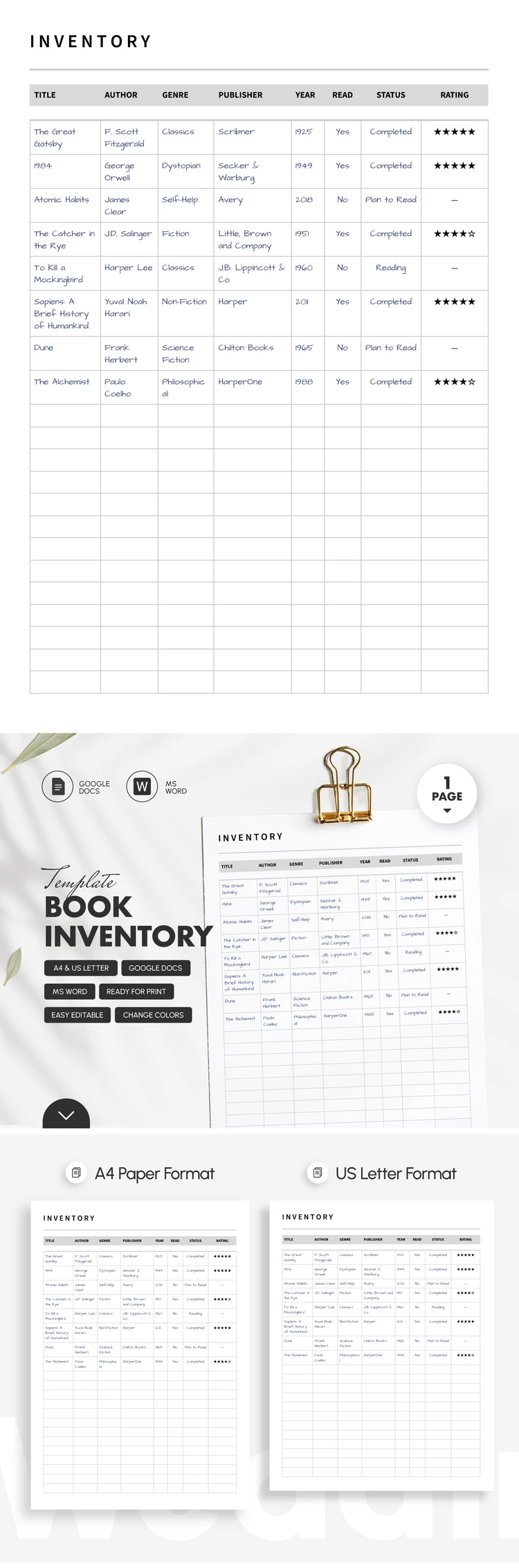Book Inventory Template – Track Books & Authors & Genres - free Google Docs Template - 10072180