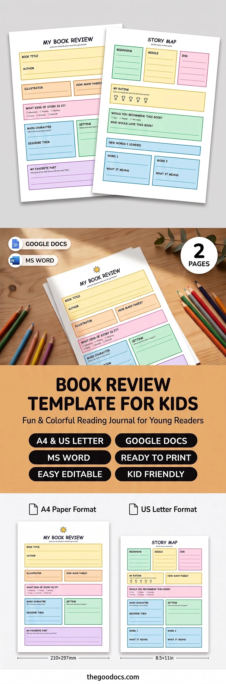 Vorschau von Buchrezensionsvorlage für Kinder für Google Docs and Microsoft Word