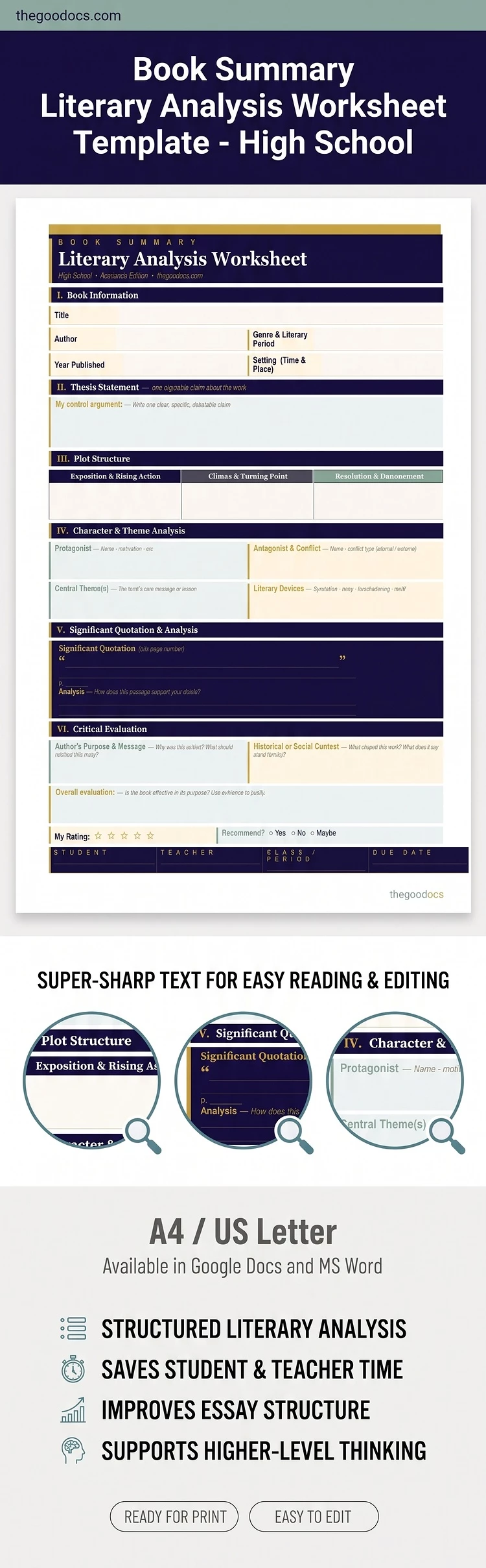 Preview of Book Summary Template High School for Google Docs and Microsoft Word