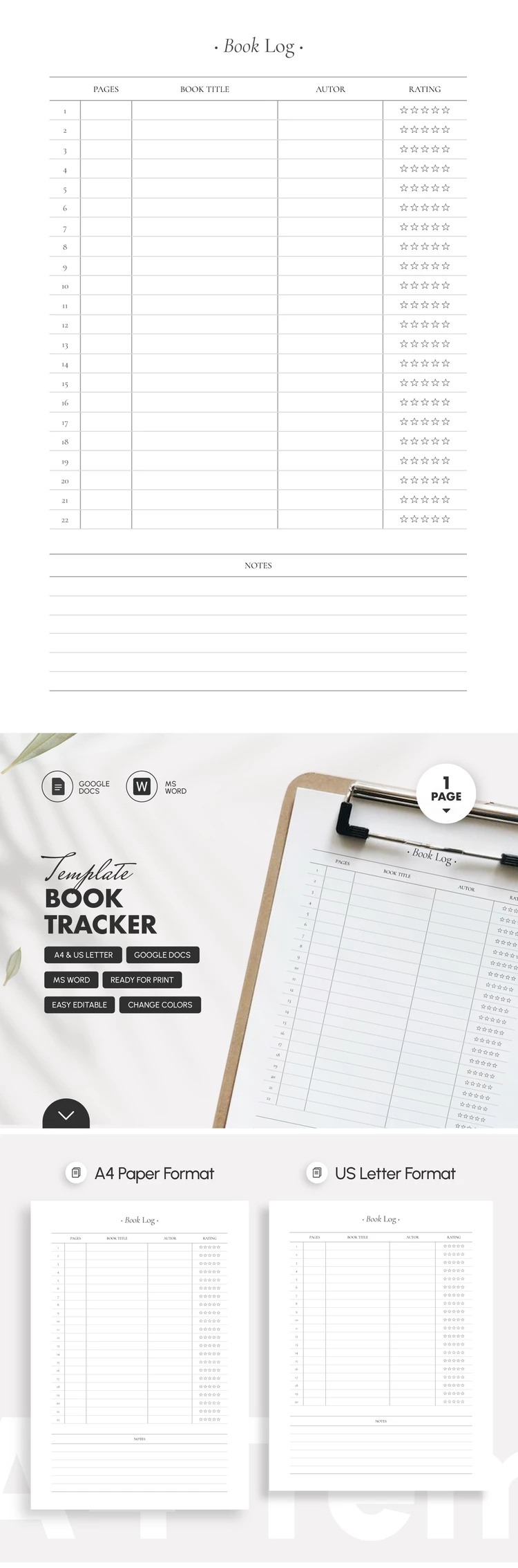 Preview of Book Tracker Template for Google Docs and Microsoft Word
