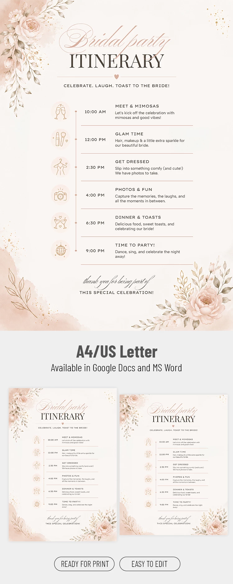 Preview of Bridal Party Itinerary Template for Google Docs and Microsoft Word