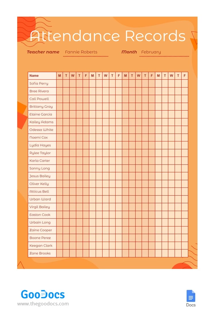 Bright Attendance Records Sheet - free Google Docs Template - 10062968