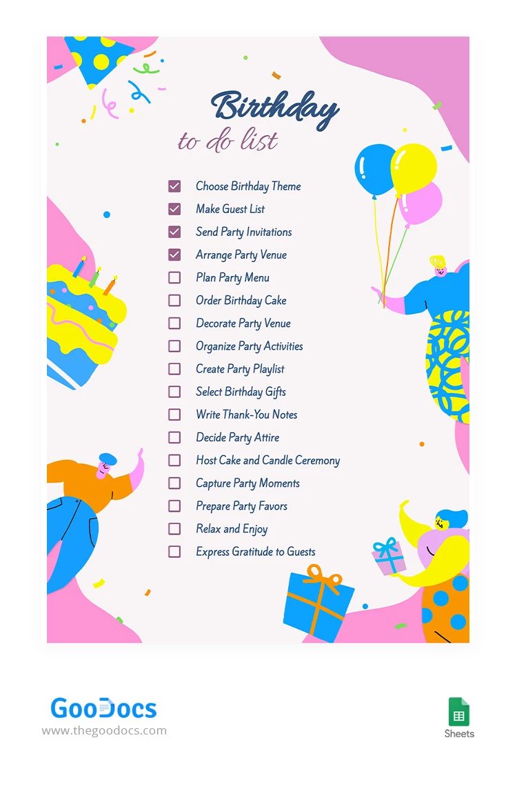Liste des choses à faire pour un anniversaire lumineux - free Google Docs Template - 10066510