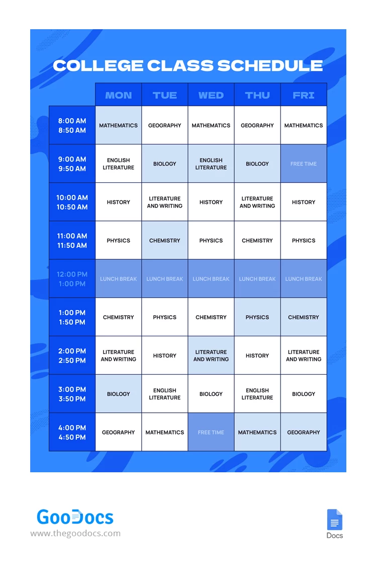Bright Blue College Class Schedule - free Google Docs Template - 10067237