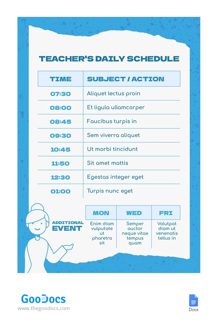 Horario de clases del profesor de color azul brillante. - free Google Docs Template - 10065239