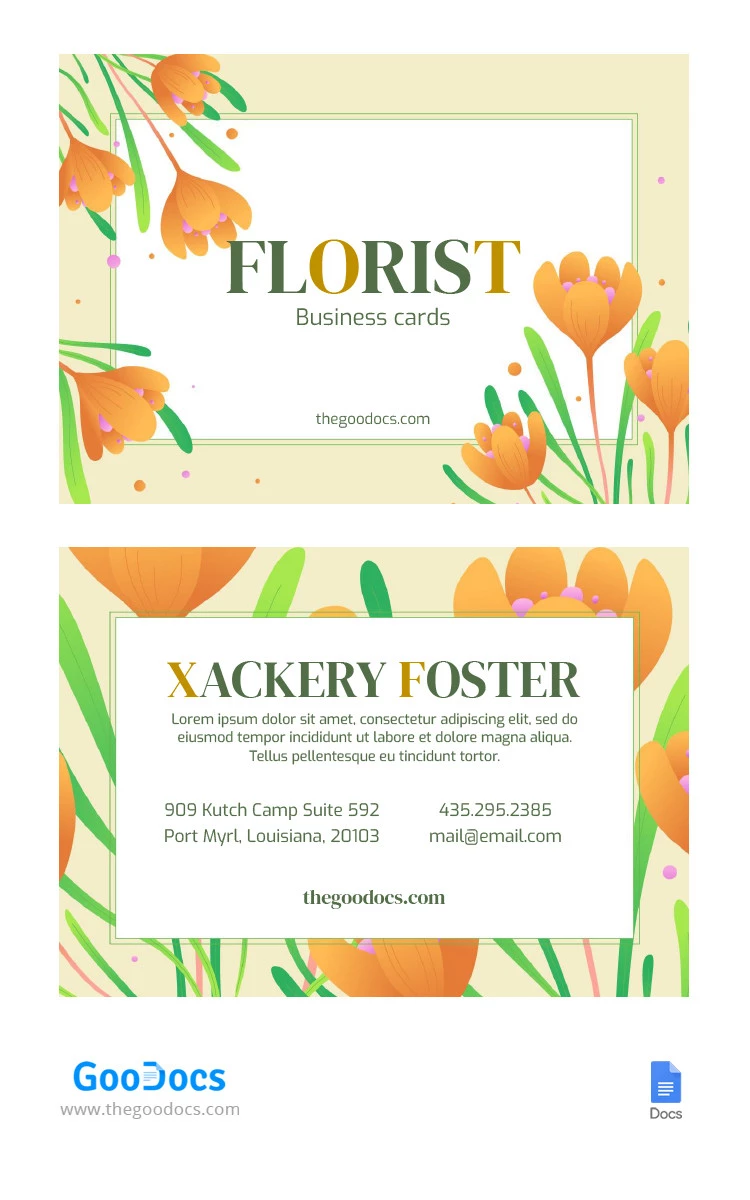 Cartão de visita brilhante e colorido para florista. - free Google Docs Template - 10065650
