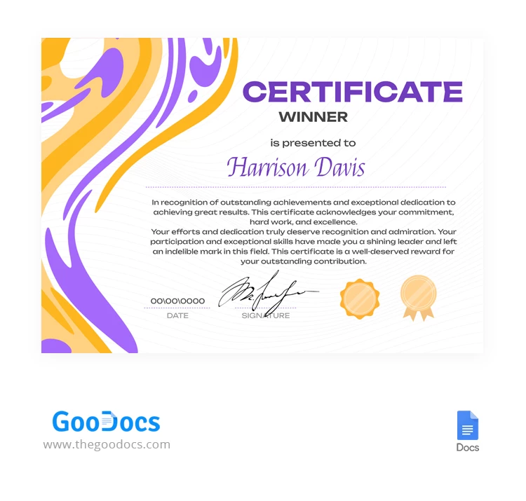 Certificat gagnant lumineux et coloré. - free Google Docs Template - 10066876