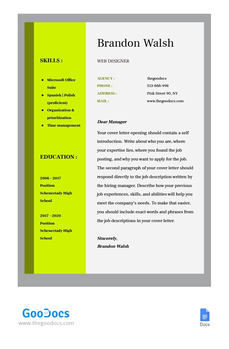 Lettera di presentazione brillante - free Google Docs Template - 10064165