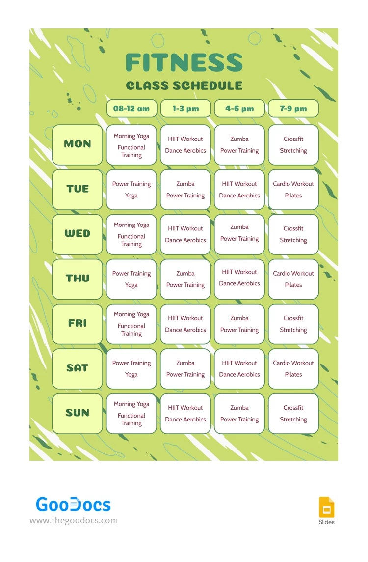 Bright Green Fitness Class Schedule - free Google Docs Template - 10066158
