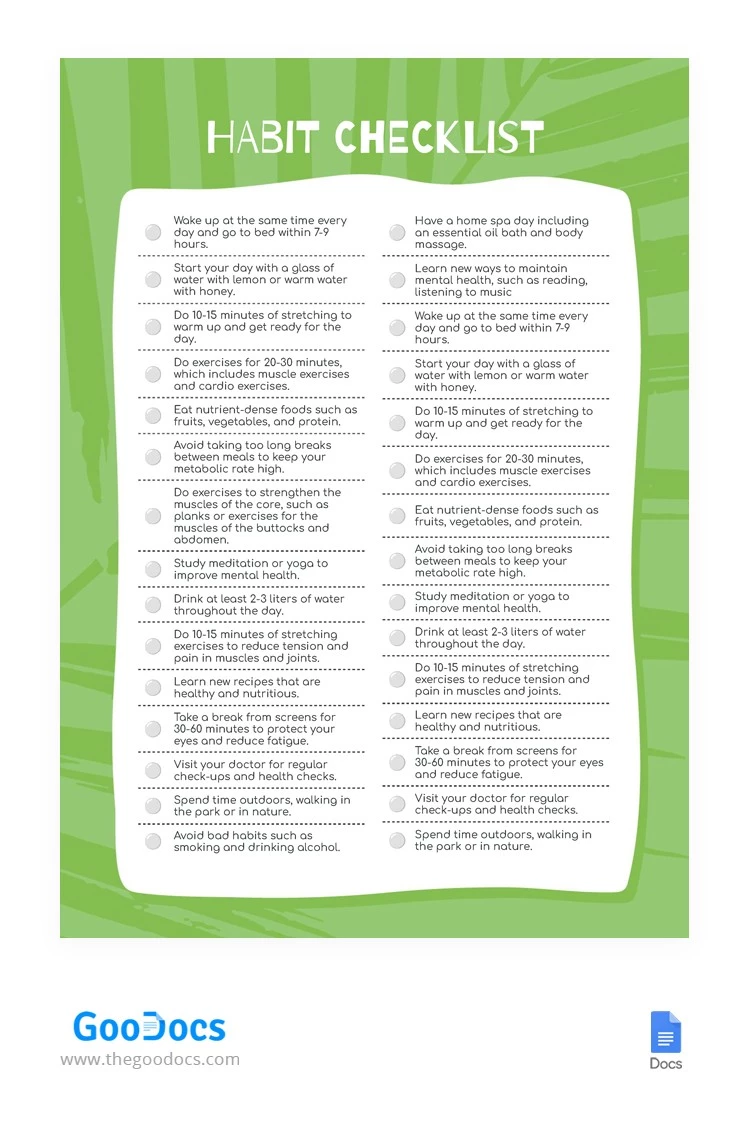 Lista de verificación de hábitos brillantes en verde, mes. - free Google Docs Template - 10066066