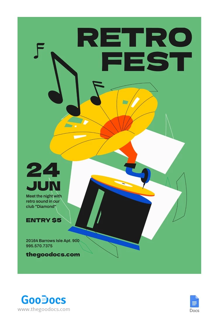 Póster brillante verde retro del festival de música - free Google Docs Template - 10066167
