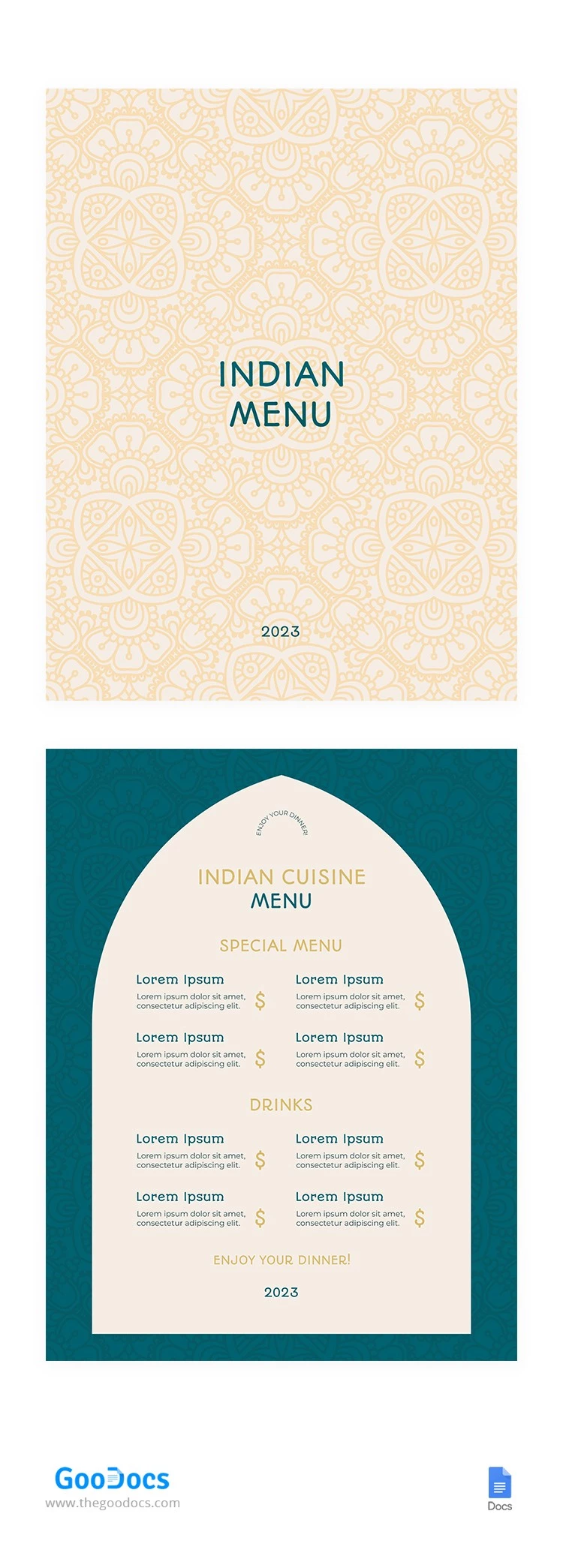 Menú brillante del restaurante indio - free Google Docs Template - 10065156