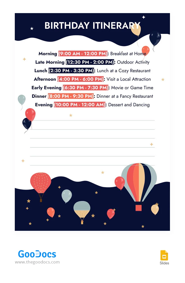 Itinerario brillante y moderno de cumpleaños. - free Google Docs Template - 10067497
