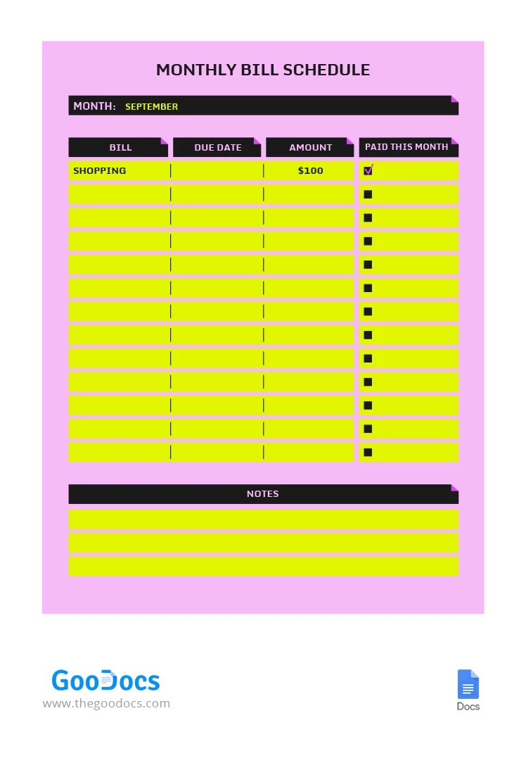 Bright Monthly Bill Schedule - free Google Docs Template - 10064592