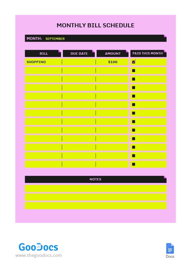 明亮的每月账单时间表 - free Google Docs Template - 10064592