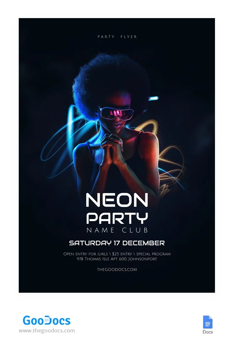 Flyer de fête néon brillant - free Google Docs Template - 10064924
