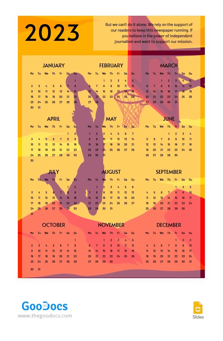 Calendario di pallacanestro arancione brillante - free Google Docs Template - 10065773