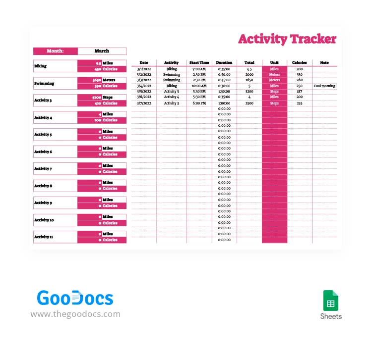 Activity Tracker di colore rosa brillante - free Google Docs Template - 10062366