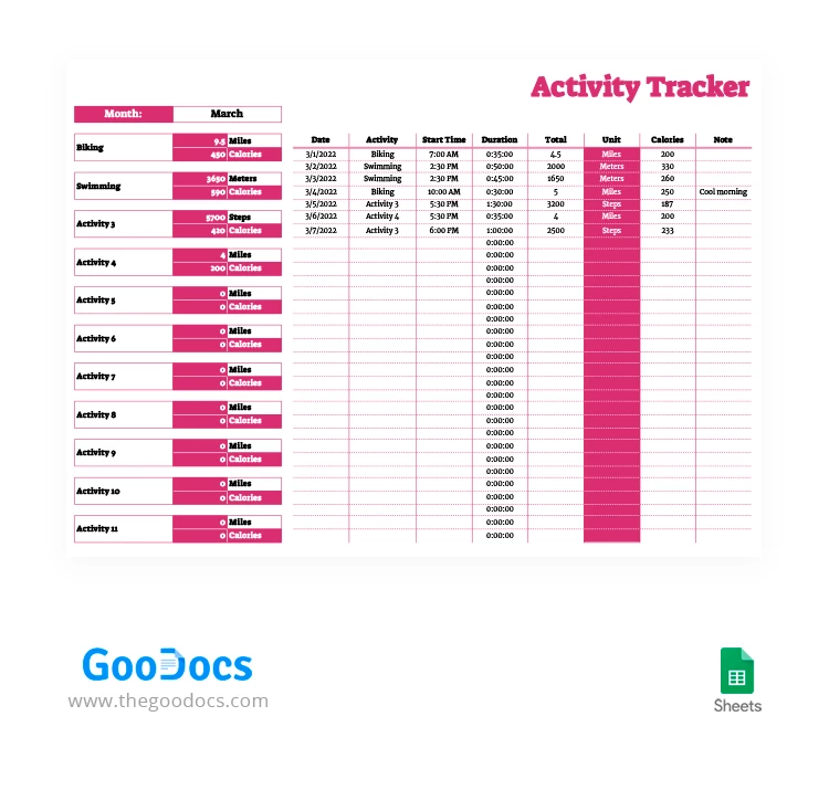 Traceur d'activité rose vif - free Google Docs Template - 10062366