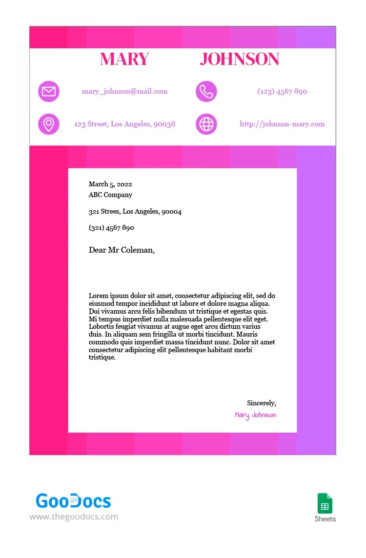 Carta de Apresentação Brilho Rosa. - free Google Docs Template - 10063215