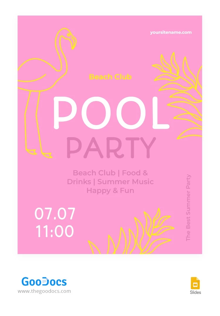 Volantino per pool party di colore rosa brillante - free Google Docs Template - 10066118