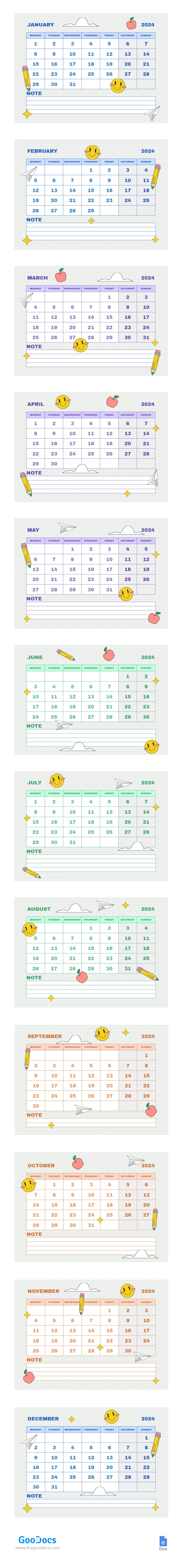 Calendario scolastico a quadretti luminosi - free Google Docs Template - 10066214
