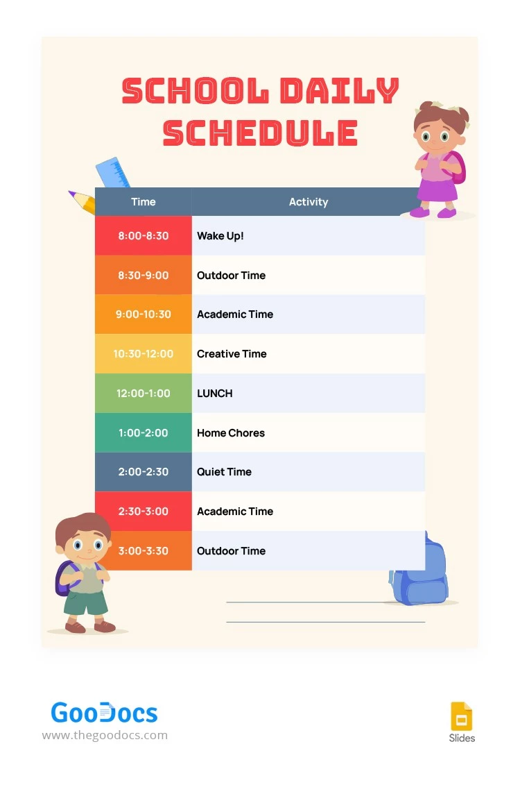 Emploi du temps quotidien de l'école brillante. - free Google Docs Template - 10063567