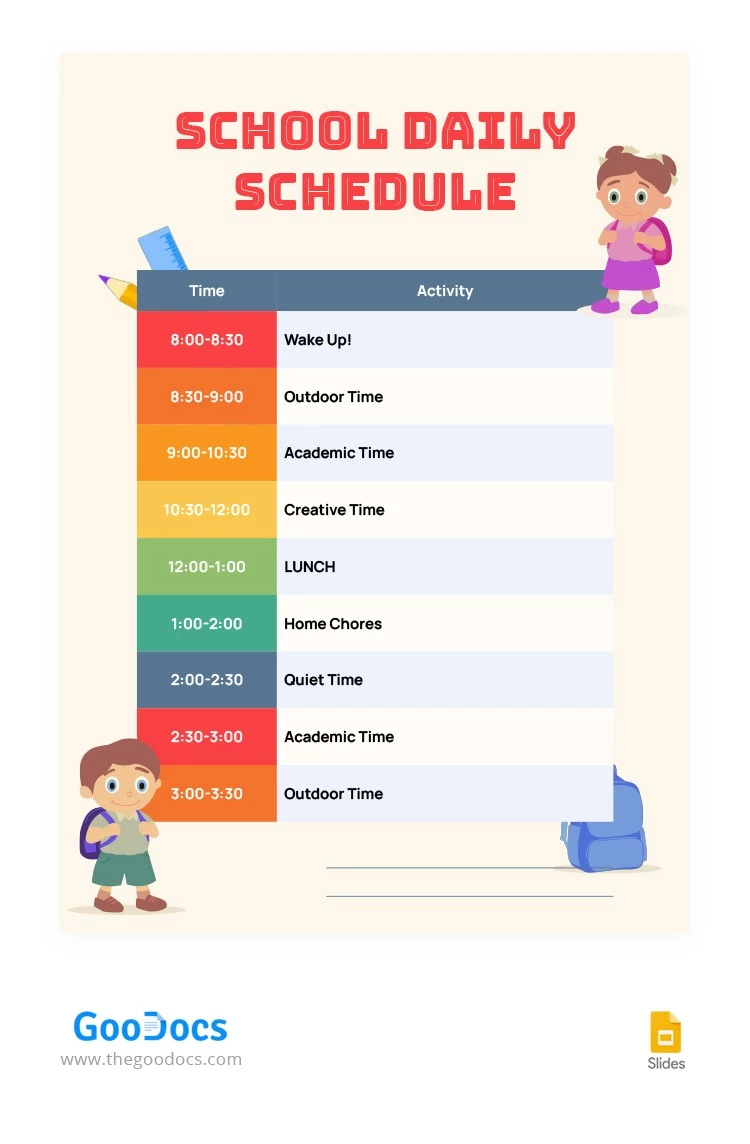 Horario diario de Bright School - free Google Docs Template - 10063567