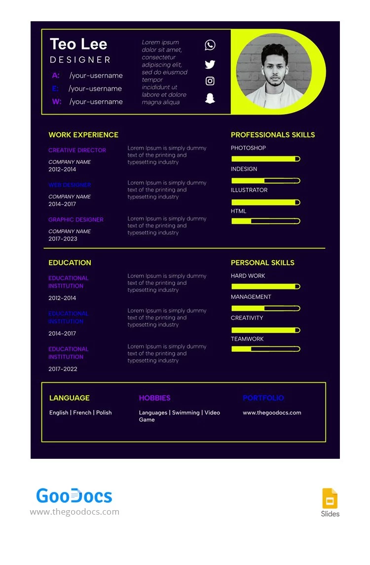 "Dark Purple Designer Resume" should be translated to French as "CV Designer Violet Foncé". - free Google Docs Template - 10066157