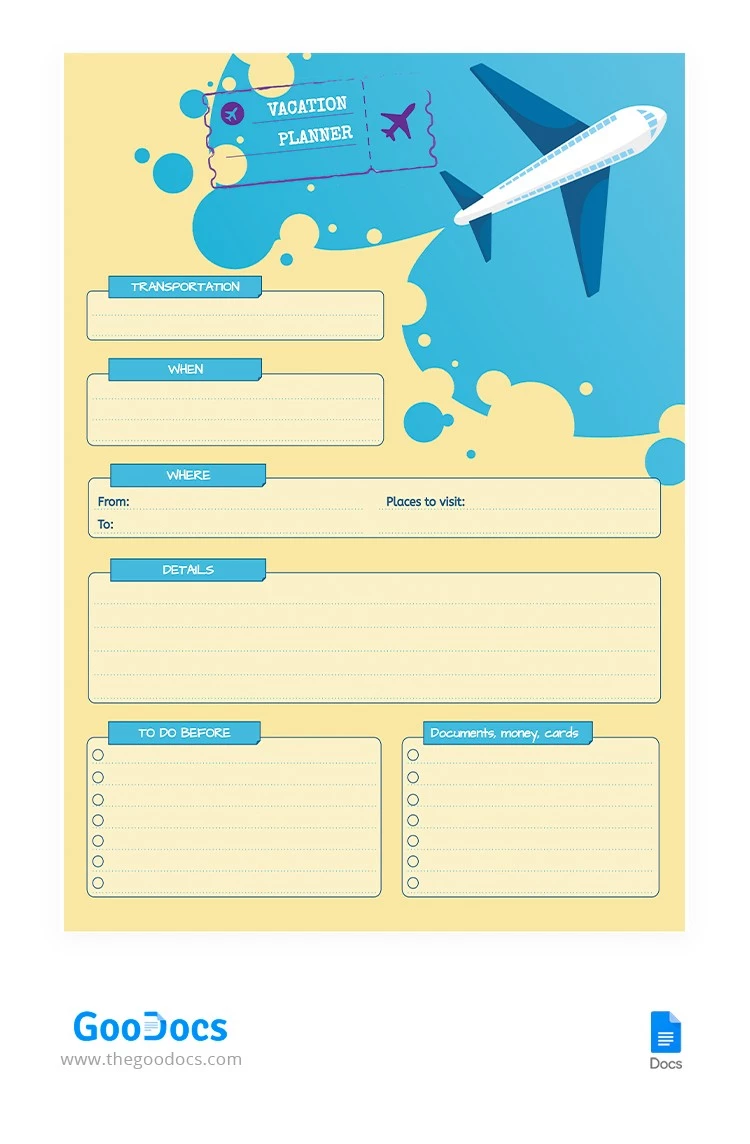 Pianificatore di vacanze luminoso - free Google Docs Template - 10064772