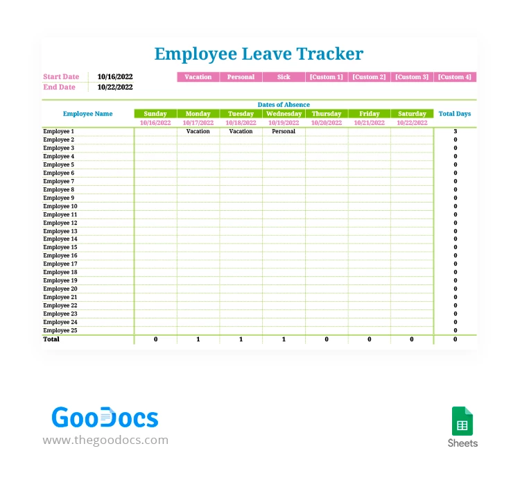 Bright Week Employee Leave Tracker - free Google Docs Template - 10062222