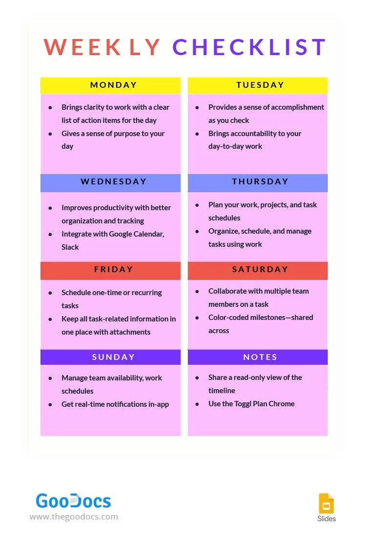 Bright Weekly Checklist - free Google Docs Template - 10064255
