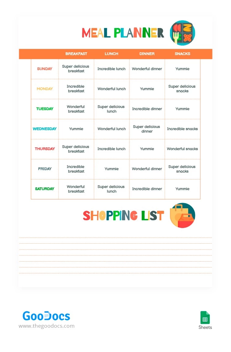 Bright Weekly Meal Planner - Planificateur de repas hebdomadaire lumineux. - free Google Docs Template - 10064065