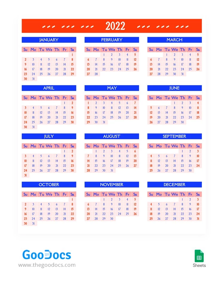 Calendário anual brilhante 2022 - free Google Docs Template - 10062629